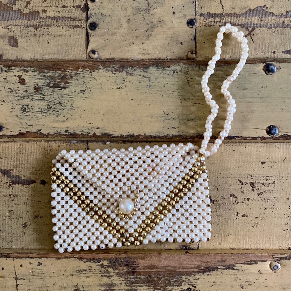 VINTAGE ESTATE BOHO GOLD IVORY DAINTY BEADED CARD HOLDER ACCESSORY MINI BAG SLIM